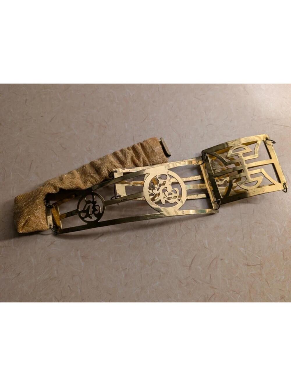 Vintage Gold Brass Metal Geometric Statement Belt Chinese Characters Accessory - Picture 8 of 8